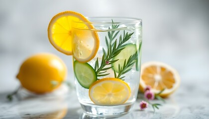 Fototapeta premium Refreshing Lemon Cucumber Water Detox Drink Recipe ice food diet pure 