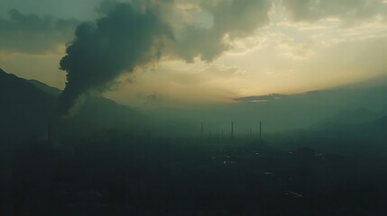 Obraz premium Smoky sunset over industrial valley.