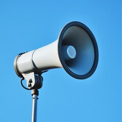 White megaphone on a pole against a clear blue sky.
