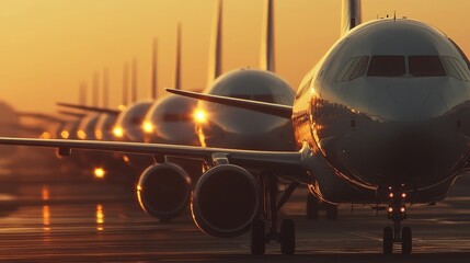 Fototapeta premium A row of passenger airplanes lined up on the runway, their white fuselages gleaming in the fading light of a summer sunset, ready for departure