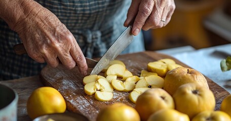 Close-up of hands slicing yellow apples on wooden board.