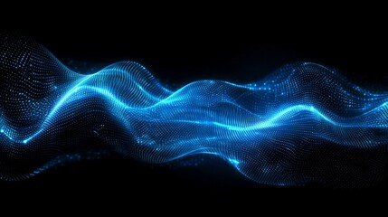 Abstract blue glowing wave particles on black background.