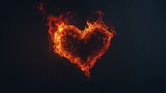 Fiery heart-shaped flames burning against a dark background.