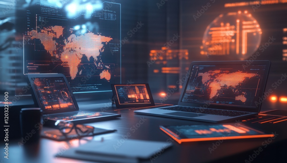 Poster innovative workspace with digital devices and global data visualization featuring laptop, tablet, an