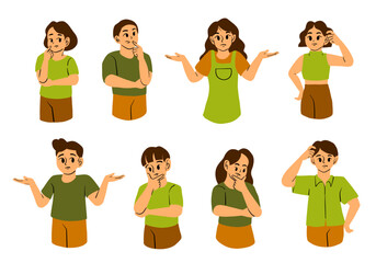 Expressive Character Gesture Illustration Set. A collection of eight expressive illustrations showcasing characters in thoughtful, questioning, and confused poses