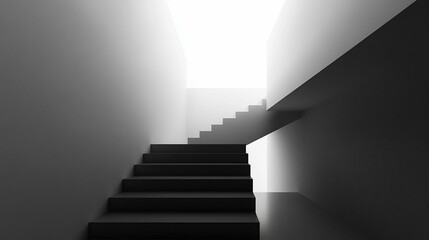 Minimalist black staircase ascending towards bright light in a modern, white hallway.
