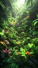 Lush Tropical Rainforest: Vibrant Blooms in Sun-Dappled Green