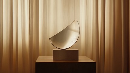Abstract metallic sculpture on pedestal, illuminated by soft light.