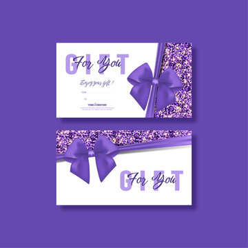 Gift card template with realistic red bow. Certificate, coupon, flyer design. Discount card for shop or boutique. Vector illustration	