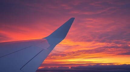 Obraz premium A white airplane's tail fin silhouetted against the fiery sky of a summer sunset, creating a striking image that evokes the excitement of upcoming adventures.