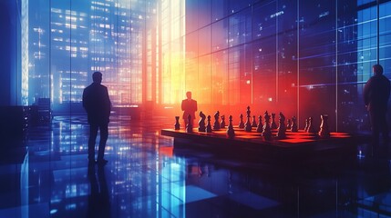 Businessmen contemplate a giant chessboard in a futuristic cityscape office at night.