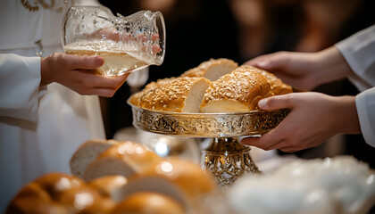 The process of breaking bread. Religious tradition of breaking bread. Bread and wine. Preparation for the church ceremony