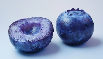 Close-up of a halved and whole blueberry, showcasing its juicy texture and vibrant color against a light blue background.