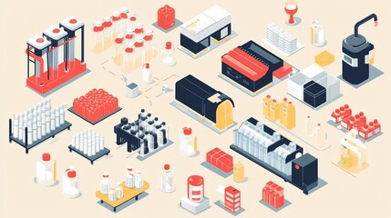 Isometric illustration of a food and beverage production line, showcasing various stages from raw materials to packaging.