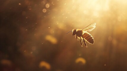 Honeybee in flight, backlit by golden sunlight, pollen particles visible.