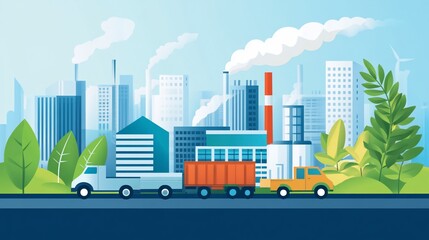Cityscape with factory, trucks, and green spaces illustrating industrial activity and environmental impact.