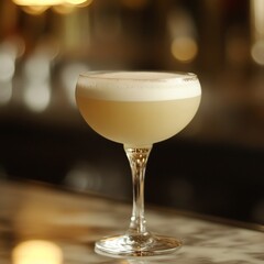 Creamy, pale yellow cocktail in a coupe glass on a bar.