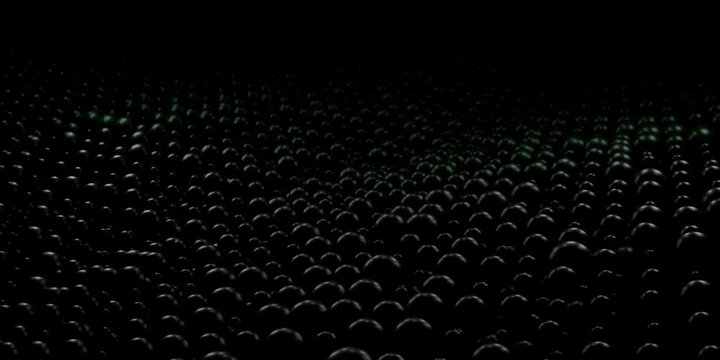 An abstract dark composition featuring a wave-like formation of glossy black spheres against a pitch-black background. The spheres are illuminated subtly, creating a sense of depth, texture, and myste