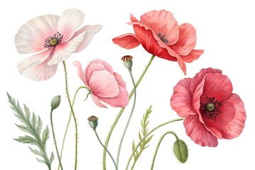 Watercolor painting of pink and red poppy flowers isolated on a white background.