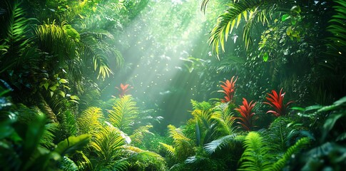 Obraz premium Luminous Rainforest: Sunlit Canopy and Vibrant Flora