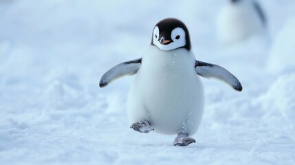 Obraz premium Adorable penguin chick waddling on snow.