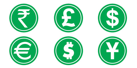 Rupee, Dollar, Euro, Dollar, British Pound Sterling, Euro Sign Icon, Japanese Yen Sign Icon in Flat Style Vector Illustration