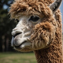 Obraz premium close up of cute alpaca head Photo of furry alpaca A close-up portrait of a alpaca isolated face cute funny expression 