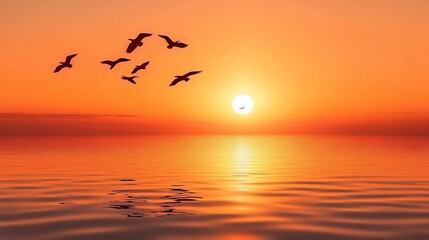 Obraz premium Birds silhouetted against a vibrant sunset over calm ocean water.