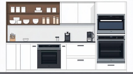 Fototapeta premium Modern kitchen design with white cabinets, stainless steel appliances, and wood shelving.