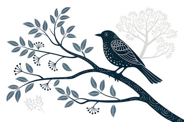 Set of bird and twig silhouettes.