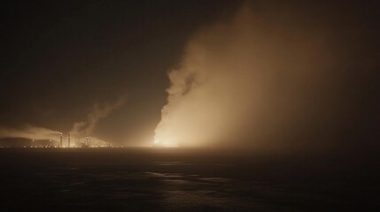 Fototapeta premium Night industrial plant emitting smoke and light over water.