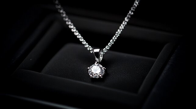 Elegant diamond solitaire pendant necklace in black jewelry box.