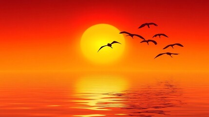 Sunset silhouette of birds flying over calm ocean.
