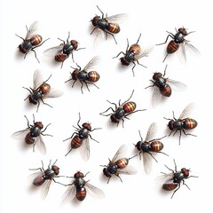 Multiple flies arranged on white background.