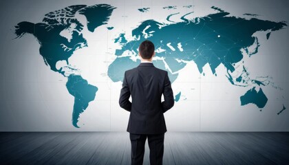 Global Business Vision: Businessman Contemplating World Map