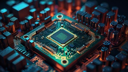 Obraz premium 3D rendering abstract isometric clean render of luminescent processor, integrated circuit and motherboard with coils and capacitors, printed circuit board in cyberpunk colors