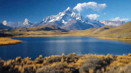 Fototapeta premium Scenic lake surrounded by majestic mountains under clear blue sky