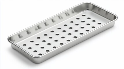 Stainless steel perforated rectangular tray for medical or kitchen use.