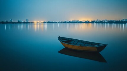 Fototapeta premium Serene twilight scene of a small wooden boat on a calm lake with city lights reflecting in the water.