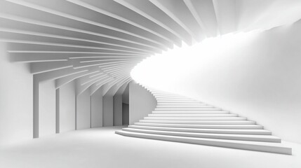 Fototapeta premium Abstract white spiral staircase ascending to bright light in modern architecture interior.