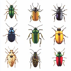 Nine colorful beetles illustrated on white background.
