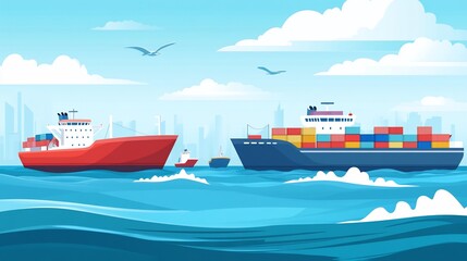 Cargo ships and tugboat sailing on ocean near city.