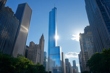 Obraz premium Modern Skyscrapers Against a Blue Sky