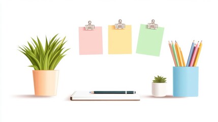 Colorful Home Office Desk Setup with Plants and Sticky Notes for Inspiration