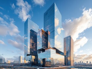 Obraz premium Modern Architectural Design of High-Rise Buildings Against a Blue Sky with Fluffy Clouds in an Urban Setting During Golden Hour Light Reflection