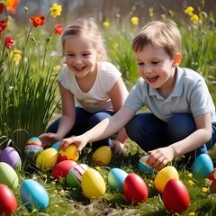 Smiling Children Collect Colorful Easter Eggs in Green Spring Meadow