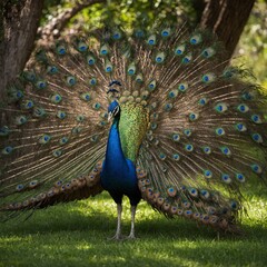 Obraz premium A colorful peacock spreading its feathers in a lush green garden. A peacock with its feathers fully fanned out in a garden with blooming flowers. 
