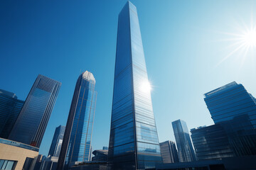 Naklejka premium Modern Skyscrapers Against a Blue Sky