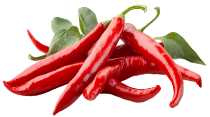 spicy red chili pepper with green leaves isolated on transparent background