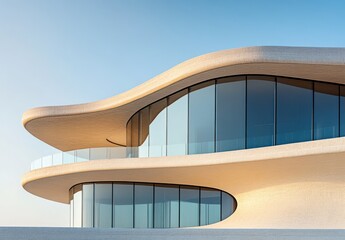 Obraz premium Modern Architectural Marvel with Fluid Shapes and Large Glass Windows Showcasing a Stunning View Against a Clear Sky in a Minimalist Style Setting